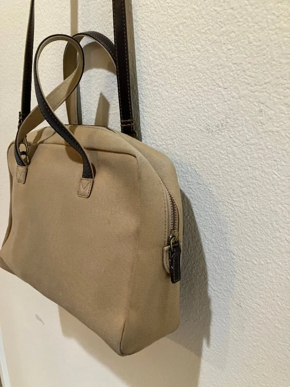 Lauren Ralph Lauren Vintage Canvas Leather Shoulder Satchel Tote Bag Beige Brown